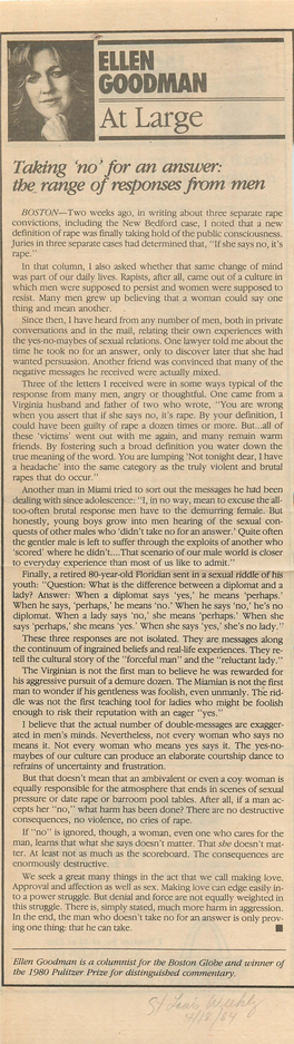 Rape Convictions, Including the New Be~D Ford Case, I Noted That ::I New Definition of Rape Was Fmally Taking Hold of the Public Consciousness