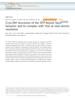 Cryo-EM Structures of the ATP-Bound Vps4e233q Hexamer and Its Complex with Vta1 at Near-Atomic Resolution