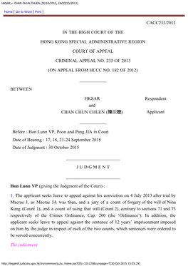 HKSAR V. CHAN CHUN CHUEN (30/10/2015, CACC233/2013)