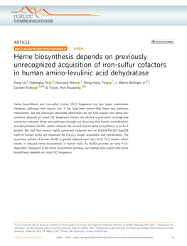 Heme Biosynthesis Depends on Previously Unrecognized Acquisition of Iron-Sulfur Cofactors in Human Amino-Levulinic Acid Dehydratase