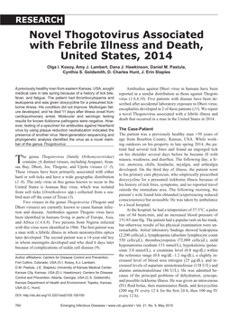 Novel Thogotovirus Associated with Febrile Illness and Death, United States, 2014 Olga I