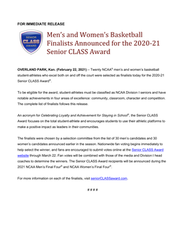 Men's and Women's Basketball Finalists Announced for the 2020