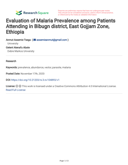 Evaluation of Malaria Prevalence Among Patients Attending in Bibugn District, East Gojjam Zone, Ethiopia