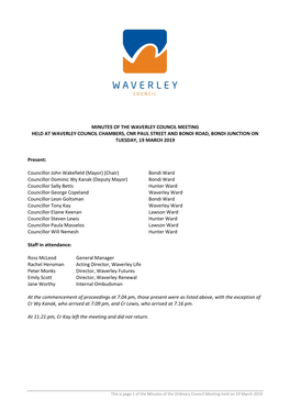 Minutes of Council Meeting 19 March 2019
