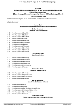 Gesetz Zur Gemeindegebietsreform in Der Planungsregion Oberes Elbtal/Osterzgebirge (Gemeindegebietsreformgesetz Oberes Elbtal/Osterzgebirge) Vom 28