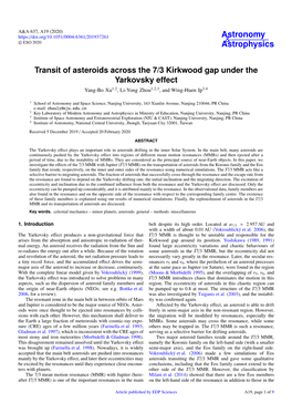 Transit of Asteroids Across the 7/3 Kirkwood Gap Under the Yarkovsky Effect Yang-Bo Xu1,2, Li-Yong Zhou1,2,3 , and Wing-Huen Ip3,4