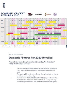Domestic Fixtures for 2020 Unveiled