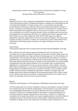 Archaeological Research in the Equatorial Forest in the Democratic Republic of Congo Els Cornelissen Heritage Studies, Royal Museum for Central Africa