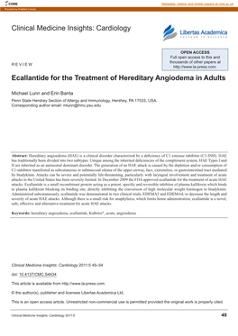 Clinical Medicine Insights: Cardiology Ecallantide for the Treatment Of