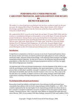 Performance Under Pressure: Carlstedt Protocol (Kruger Edition for Rugby) by Dr Pieter Kruger