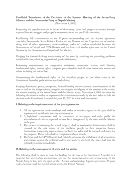 Unofficial Translation of the Decisions of the Summit Meeting of the Seven-Party Alliance and the Communist Party of Nepal (Maoist) (November 8, 2006)