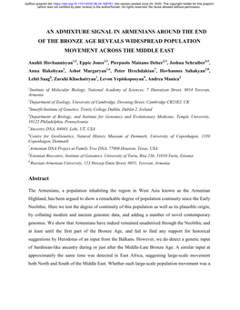 An Admixture Signal in Armenians Around the End of the Bronze Age Reveals Widespread Population Movement Across the Middle East