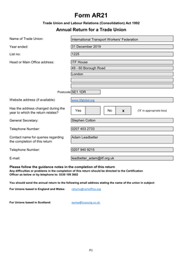 Form AR21 Trade Union and Labour Relations (Consolidation) Act 1992 Annual Return for a Trade Union