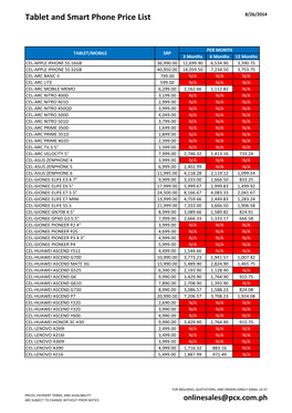 Tablet and Smart Phone Price List 8/26/2014