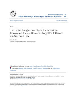 Cesare Beccaria's Forgotten Influence on American Law John Bessler University of Baltimore School of Law, Jbessler@Ubalt.Edu