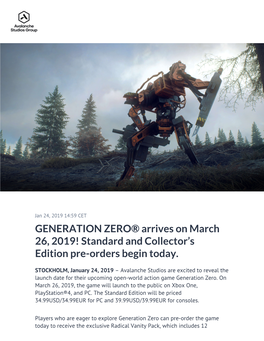 GENERATION ZERO® Arrives on March 26, 2019! Standard and Collector’S Edition Pre-Orders Begin Today