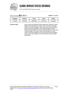 (GISD) 2021. Species Profile Suncus Murinus