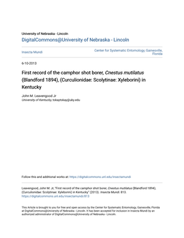 First Record of the Camphor Shot Borer, Cnestus Mutilatus (Blandford 1894), (Curculionidae: Scolytinae: Xyleborini) in Kentucky