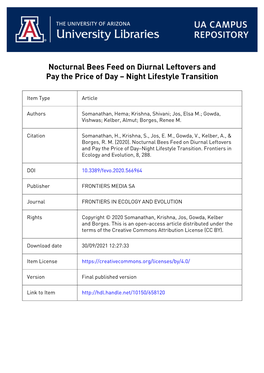 Nocturnal Bees Feed on Diurnal Leftovers and Pay the Price of Day – Night Lifestyle Transition