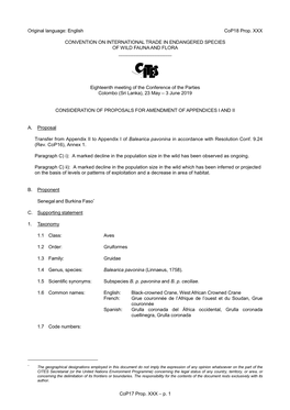 Proposal for Amendment of Appendix I Or II for CITES Cop16