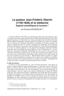 Le Pasteur Jean-Frédéric Oberlin (1740-1826) Et La Médecine. Aspects Scientifiques Et Humains the Pastor