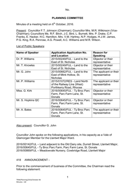 No. 1 PLANNING COMMITTEE Minutes of a Meeting Held on 6