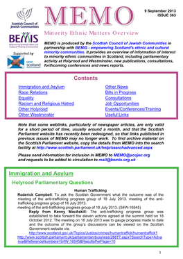 Minority Ethnic Matters Overview Contents Immigration