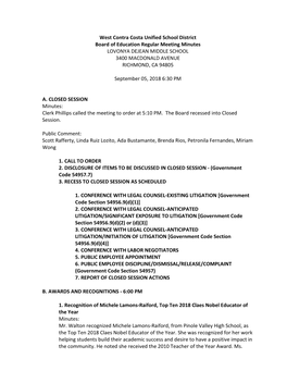 West Contra Costa Unified School District Board of Education Regular Meeting Minutes LOVONYA DEJEAN MIDDLE SCHOOL 3400 MACDONALD AVENUE RICHMOND, CA 94805