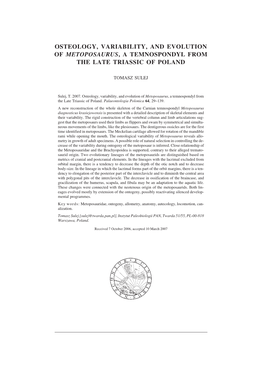 Osteology, Variability, and Evolution of Metoposaurus, a Temnospondyl from the Late Triassic of Poland