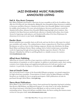 Jazz Ensemble Music Publishers Annotated Listing