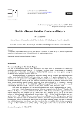 Checklist of Isopoda Oniscidea (Crustacea) of Bulgaria