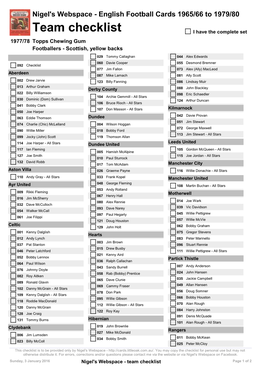 Team Checklist I Have the Complete Set 1977/78 Topps Chewing Gum Footballers - Scottish, Yellow Backs
