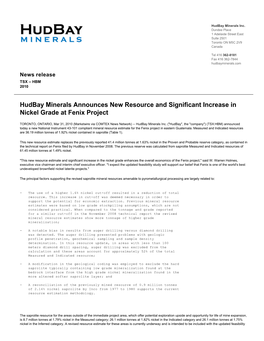 Hudbay Minerals Announces New Resource and Significant Increase in Nickel Grade at Fenix Project