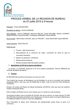 PROCES-VERBAL DE LA REUNION DE BUREAU Du 07 Juillet 2015 À 9 Heures