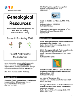 Genealogical Resources February 15, 1980