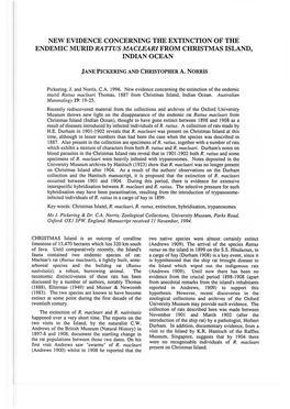 New Evidence Concerning the Extinction of the Endemic Murid Rattus Macleari from Christmas Island, Indian Ocean