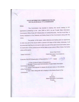 Destruction of Record Relating to RTI Applications for the Year 2006 to 2012