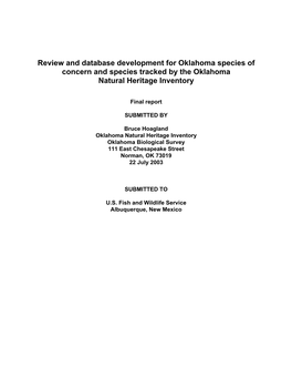 Review and Database Development for Oklahoma Species of Concern and Species Tracked by the Oklahoma Natural Heritage Inventory