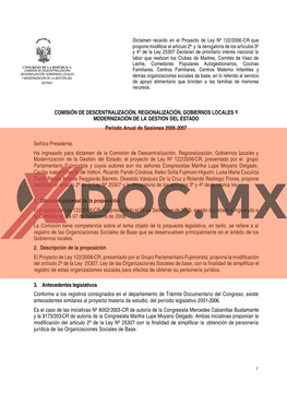 COMISIÓN DE DESCENTRALIZACIÓN, REGIONALIZACIÓN, GOBIERNOS LOCALES Y MODERNIZACIÓN DE LA GESTIÓN DEL ESTADO Periodo Anual De Sesiones 2006-2007