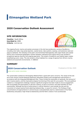 Isimangaliso Wetland Park - 2020 Conservation Outlook Assessment
