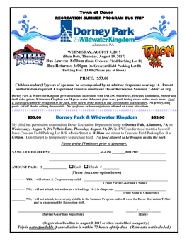 Town of Dover PRICE: $53.00 Dorney Park & Wildwater Kingdom