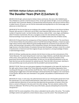 The Duvalier Years (Part 2) (Lecture 1)