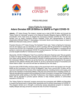 Adaro Donates IDR 20 Billion to BNPB to Fight COVID-19