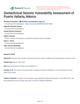 Geotechnical Seismic Vulnerability Assessment of Puerto Vallarta, México