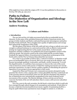 Paths to Failure the Dialectics of Organization and Ideology in the New Left