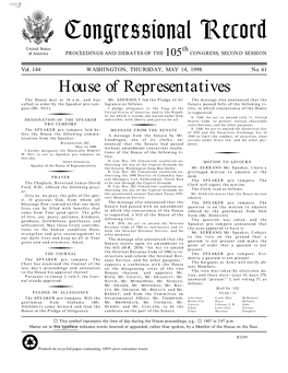 Congressional Record United States Th of America PROCEEDINGS and DEBATES of the 105 CONGRESS, SECOND SESSION