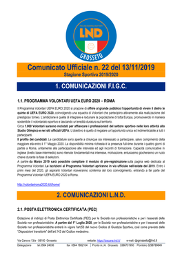 Comunicato Ufficiale N. 22 Del 13/11/2019 Stagione Sportiva 2019/2020