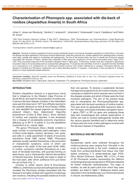 Characterisation of Phomopsis Spp. Associated with Die-Back of Rooibos (Aspalathus Linearis) in South Africa