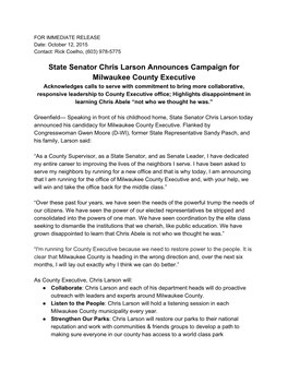 State Senator Chris Larson Announces Campaign for Milwaukee County Executive