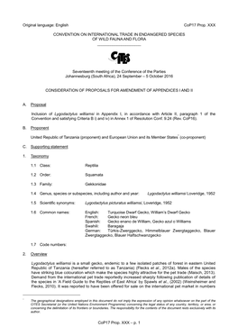 Proposal for Amendment of Appendix I Or II for CITES Cop16